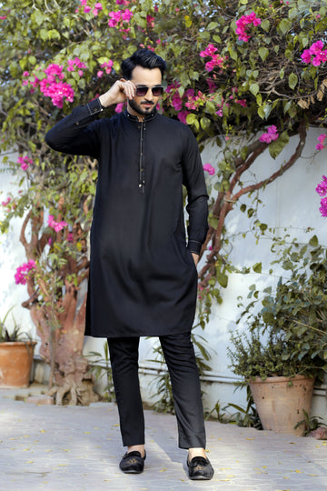 Black Color Embroidered Kurta Pajama For Men
